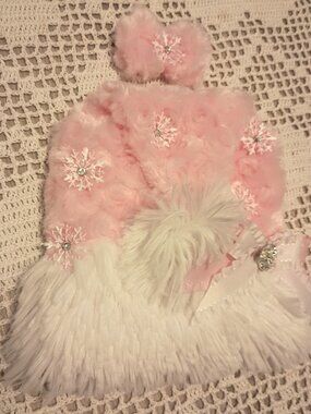 Pink and White Rose Fur XS Dog Harness with Snowflakes and Matching Hair Bow